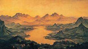 金色山川湖泊壮丽风光图