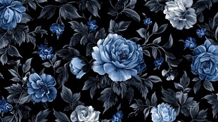 蓝白花卉黑色背景图案