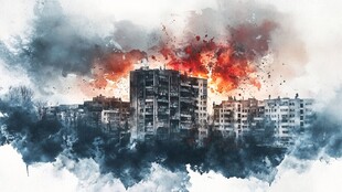 水彩绘就的城市火灾景象