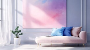 淡粉沙发配多彩挂画的客厅