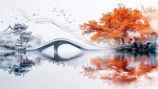 水墨秋景桥畔诗意风光