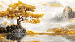 金色孤松映山水意境图