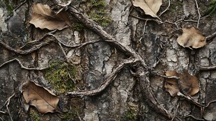 树皮上的枯叶与盘绕树根