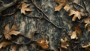 树皮上的枯黄落叶特写