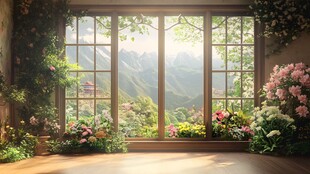 窗边繁花映山景