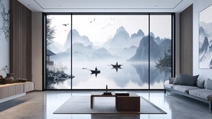中式山水风客厅大窗景致