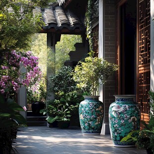 中式庭院的雅致花瓶景致