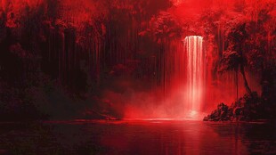 红色梦幻瀑布森林景观