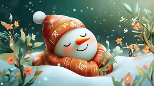 可爱雪人惬意躺于雪间花丛