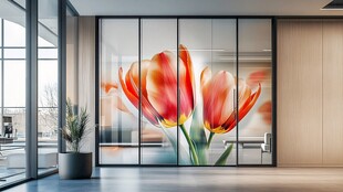 室内玻璃上的艳丽郁金香