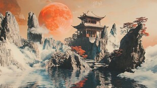 梦幻中式山水间的古韵楼阁