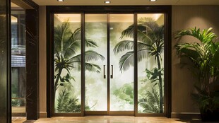 玻璃门绘热带棕榈植物景观