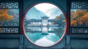 中式圆窗映山水亭阁景
