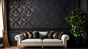 奢华黑调客厅沙发绿植一角