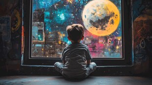 小孩窗前凝望奇幻宇宙景象