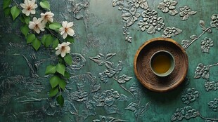 青绿色背景下的茶与花卉