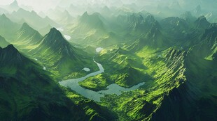 翠绿山峦间蜿蜒河流景观
