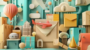 创意立体信件与多彩物件场景