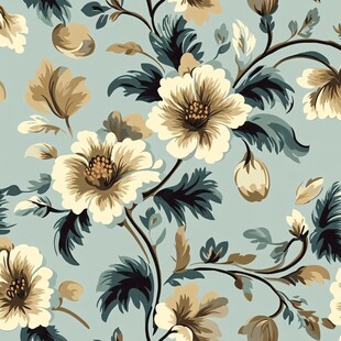 淡蓝底色花卉复古风图案
