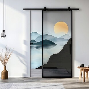 中式山水风玻璃推拉门