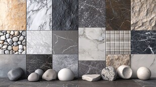 多样石材纹理与摆件展示