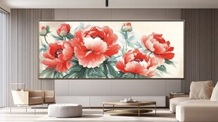中式客厅里的牡丹挂画