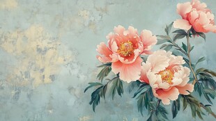 淡蓝背景上的娇艳粉色牡丹