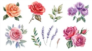 水彩花卉插画 多样花朵集合