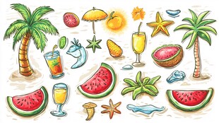 夏日海滩水果饮品插画
