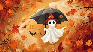 幽灵撑伞漫步秋日万圣节