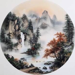 水墨山水圆景图