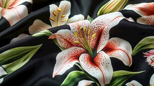 黑色底百合花印花丝绸面料