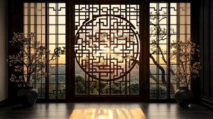 中式窗景映落日余晖