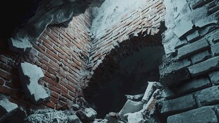 砖墙破损洞开的废墟场景