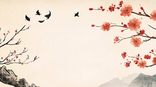 水墨梅花飞鸟山水图景