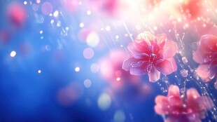 梦幻粉花绽放蓝色背景