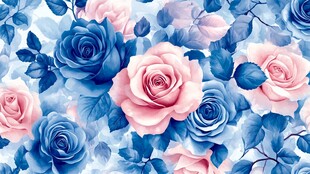 蓝粉玫瑰花卉无缝图案