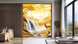 客厅中唯美山水麋鹿壁画