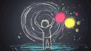 男孩伸手触碰梦幻光球