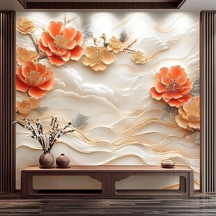 中式浮雕牡丹背景墙装饰