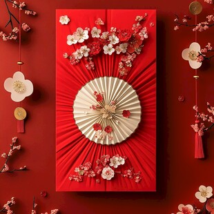 中式红底折扇梅花装饰图