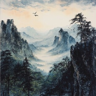 水墨山水间飞鸟伴青松