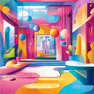梦幻多彩室内空间插画