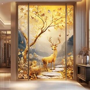 金色鹿景玄关艺术玻璃画