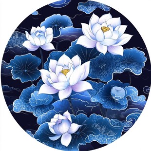 中式蓝白莲花祥云图案