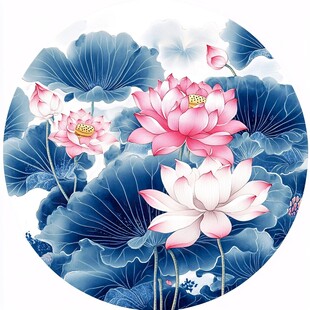 中式水墨风荷花团扇图案