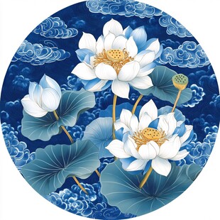 蓝底祥云白荷中式图案