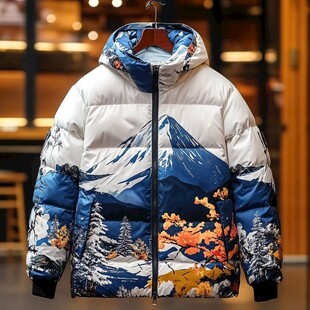 雪山印花连帽保暖羽绒服
