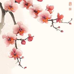 水墨风粉色蝴蝶兰枝头绽放