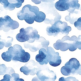 蓝白水彩云朵无缝图案